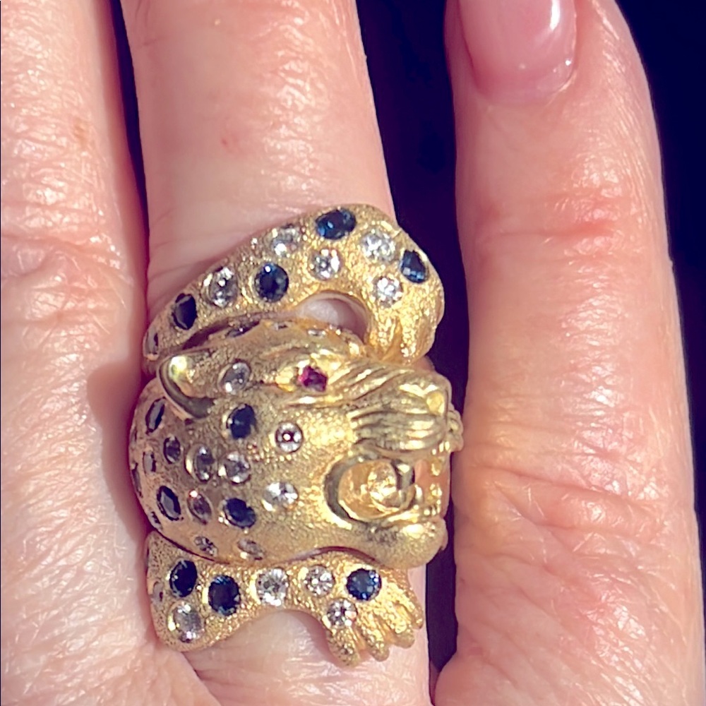 18k Gold Panther Ring with F VS diamonds sapphire and ruby - Picture 6 of 13